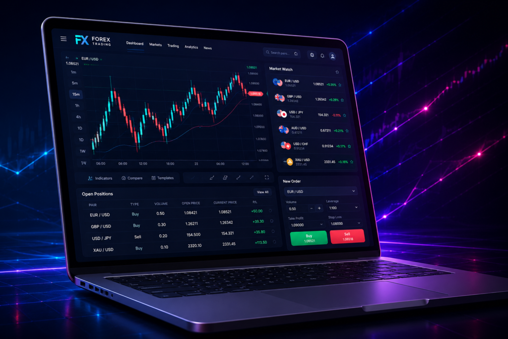 A modern laptop displaying a forex trading dashboard with live market charts, currency pairs, and trading analytics against a neon blue and purple futuristic background.